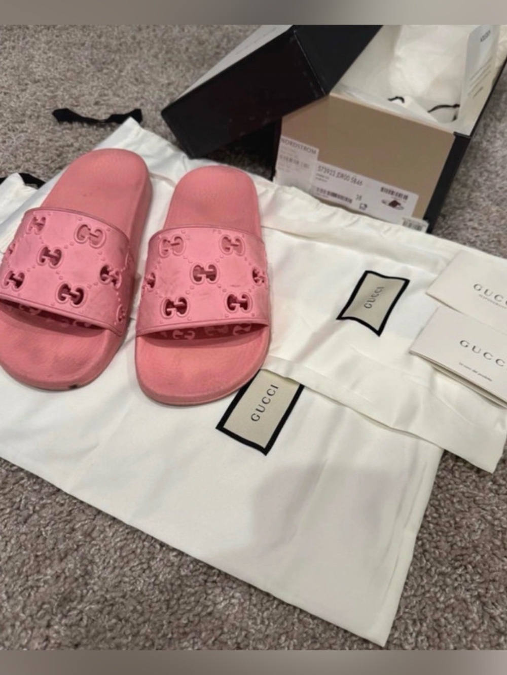 Gucci Pink Rubber GG Logo Slide Sandals